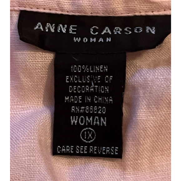 Anne Carson Blouse Womens Size 1X Pink Linen Button Up Front Sequins Side Slits - Picture 2 of 7